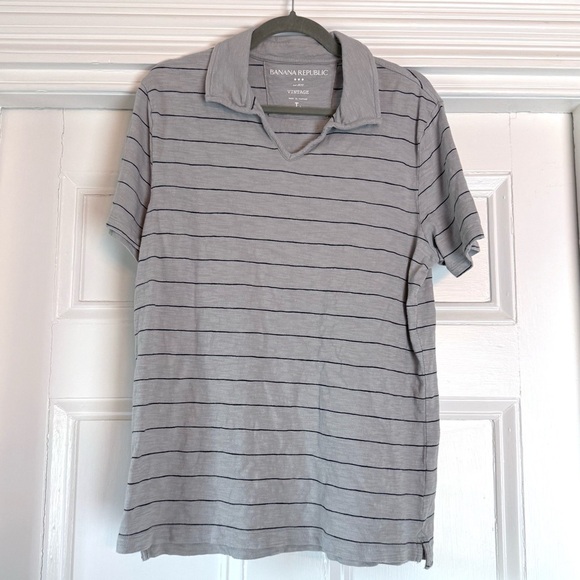 Banana Republic Men’s Vintage Slub Cotton Grey w/ Navy Stripes Polo Shirt Large - Picture 1 of 8